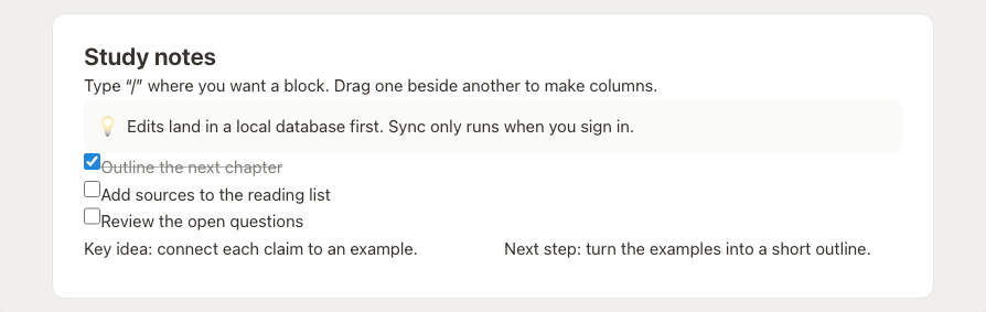 OpenBook study notes with a callout, checklist and two-column layout